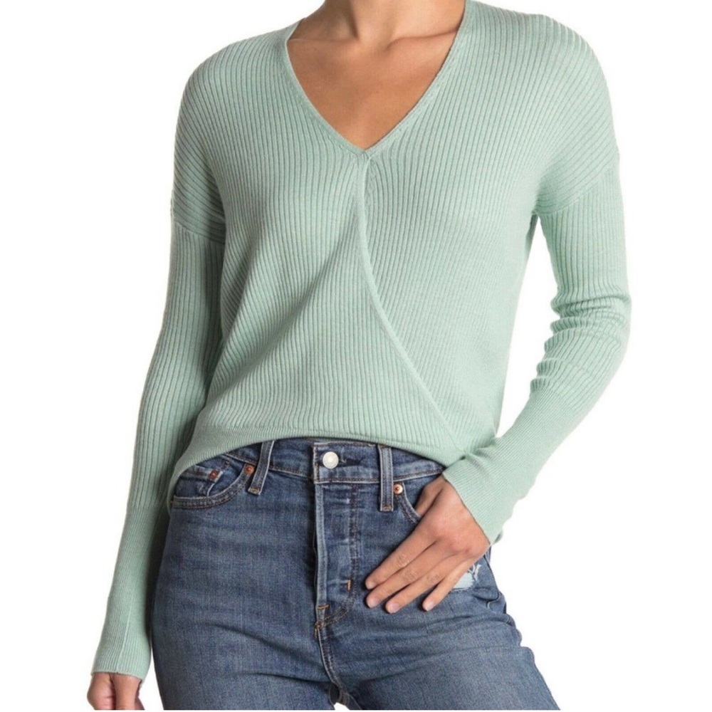 Elodie sweater light green ribbed faux wrap